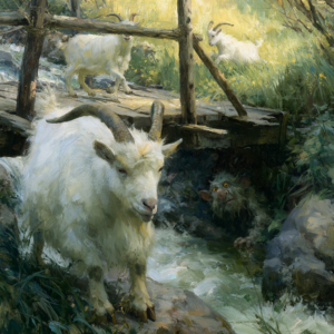 A painted wooden bridge over a stream in spring spate, the great third billy goat close in the foreground with his horns lowered, the middle goat mid plank, the smallest already kicking up its heels on the far bank and a shaggy troll blinking out from the shadow beneath.