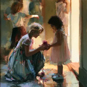 A painted interior where an older child kneels to place a deep pink rose into the cupped hands of a smaller child, other children gathered softly behind in warm window light.