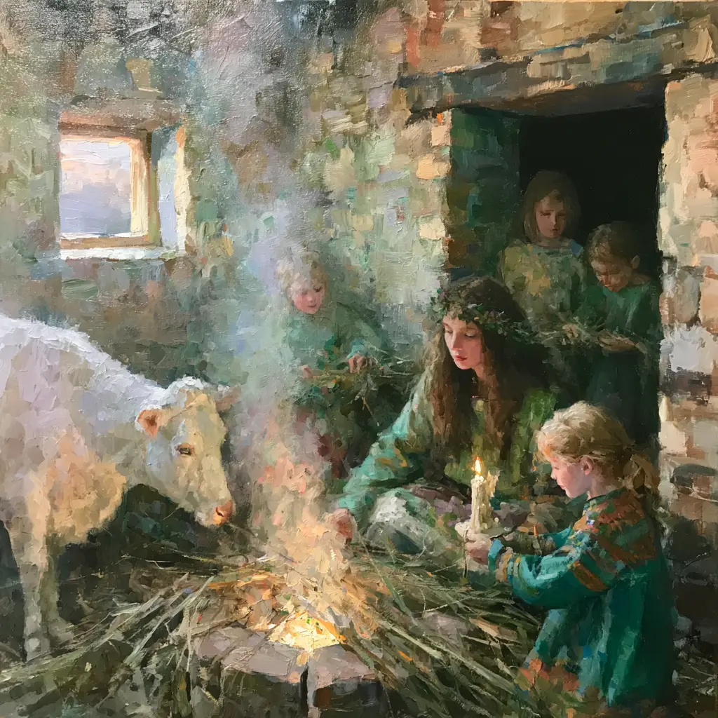 A painted stone cottage hearth where Brigid in a green mantle and a crown of greenery kneels binding rushes beside a small fire, her white cow at her shoulder and children around her, one holding a lit beeswax candle.