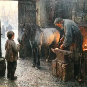 A painted blacksmith's forge in deep winter with the doors open to a white morning, a little grey pony standing patient with one hoof lifted, a small boy holding its halter and the smith bending at the anvil with a glowing shoe in his tongs.