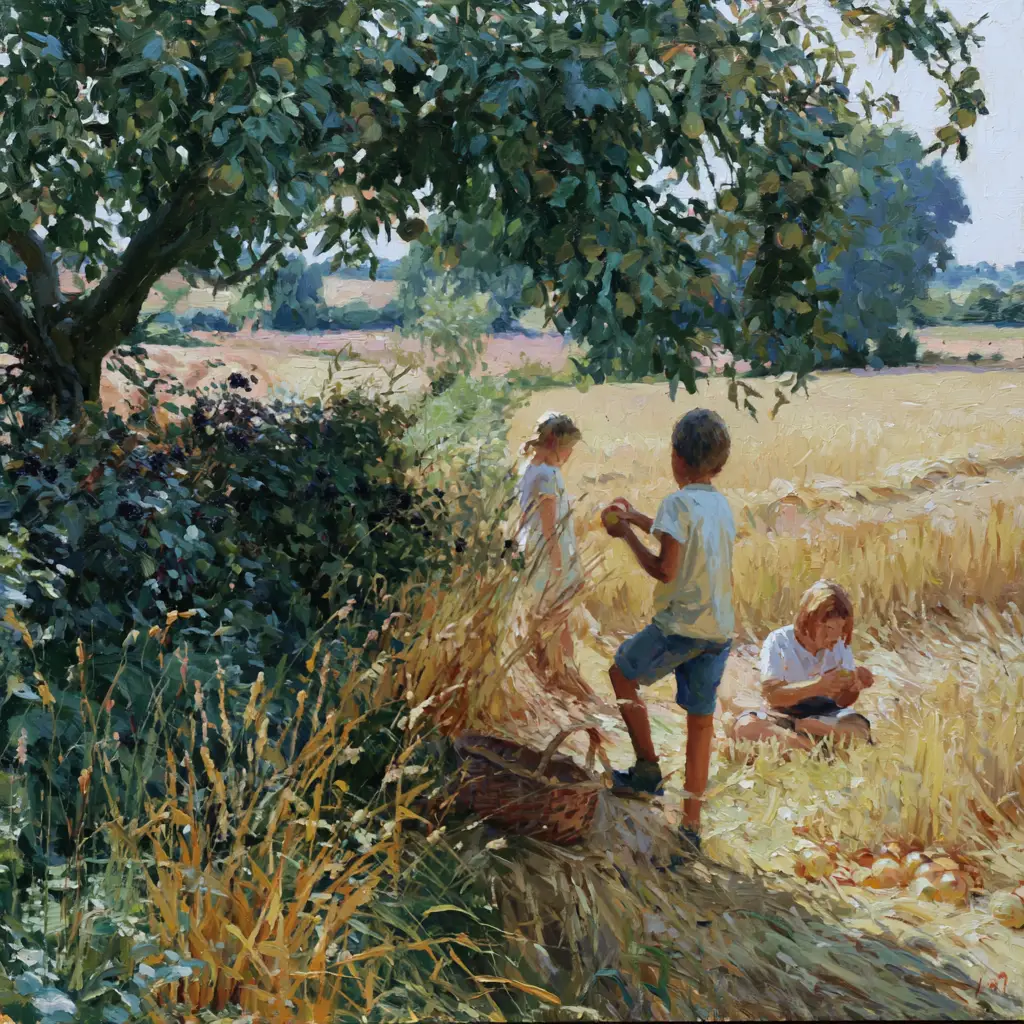 A painted late August landscape heavy with ripeness, stubble fields cut to pale gold and an orchard bowed with fruit, children walking the field edge with baskets in the middle distance.