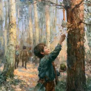 A painted spring forest edge at early morning where the youngest brother reaches up to take a small axe that hangs chopping a hollow pine by itself, a spade in his belt and a walnut in his fist, his two elder brothers climbing away up the path behind him.