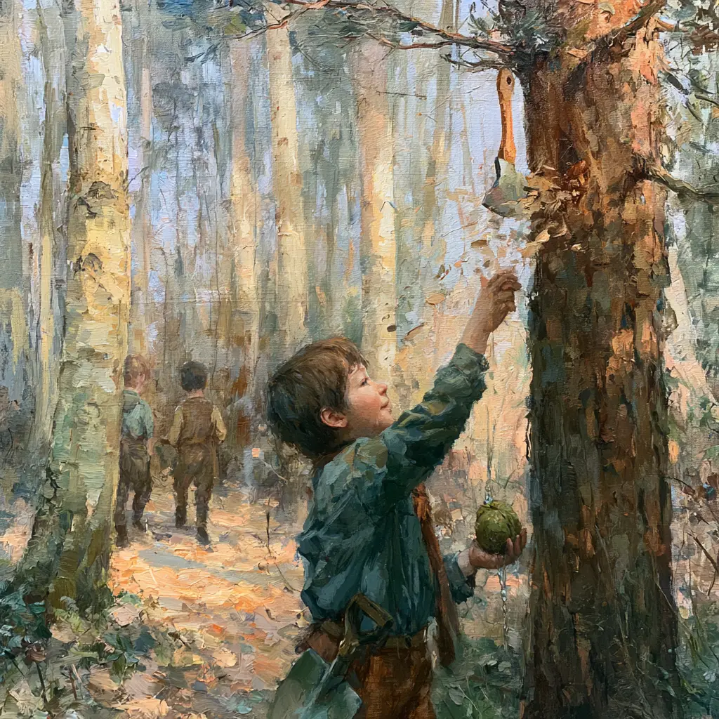 A painted spring forest edge at early morning where the youngest brother reaches up to take a small axe that hangs chopping a hollow pine by itself, a spade in his belt and a walnut in his fist, his two elder brothers climbing away up the path behind him.