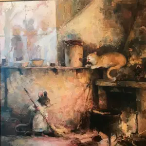 A painted cottage larder in late winter, a small mouse in an apron sweeping the hearth in the foreground while behind her a round grey cat stretches up to the crock of winter fat on a high shelf with one paw hooked over the rim.