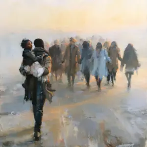 A painted road at dawn where many people walk together into rising light, hands linked, a man in the foreground carrying a small child who looks back over his shoulder.