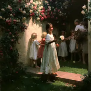 A painted June garden in strong afternoon light, a girl at a low threshold holding a full blown rose out in both hands and half turned away, other children behind her forming a linked ring on the grass, roses heavy on the wall.