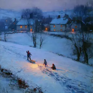 A painted snow covered village at blue hour, cottage windows glowing warm ochre against cold lavender snow, children coming down a slope on a sledge in the middle distance.