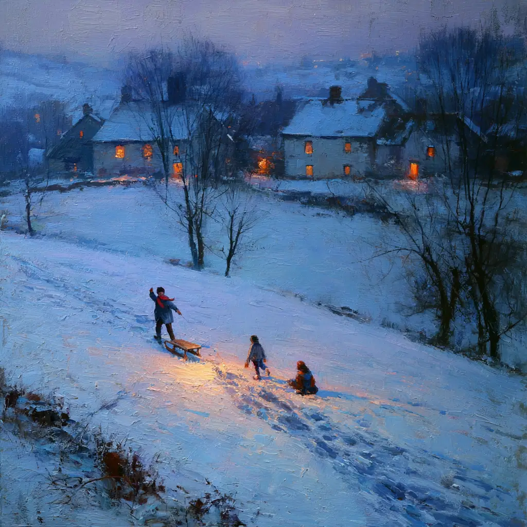 A painted snow covered village at blue hour, cottage windows glowing warm ochre against cold lavender snow, children coming down a slope on a sledge in the middle distance.
