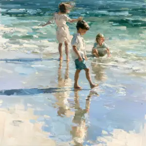 A painted shallow shore at midday, wet sand mirroring the sky in pearl, blue and rose, children moving through the tideline with their reflections doubling them.