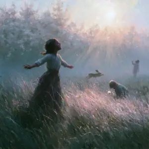 A painted meadow at sunrise with dew on every blade, a girl turning with her arms opening and her face lifted into the light, a hare bounding through the middle distance and blossoming fruit trees behind.