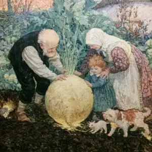A painted cottage garden where an old man, an old woman and a small girl bend together over an enormous pale gold turnip half out of dark earth, a dog, a cat and a mouse beside them.