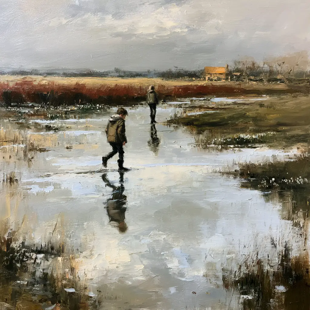 A painted thaw under a wide silver sky, wet fields with meltwater lying in bright sheets that mirror the clouds, snowdrops in the foreground and children stepping through the standing water in the middle distance.