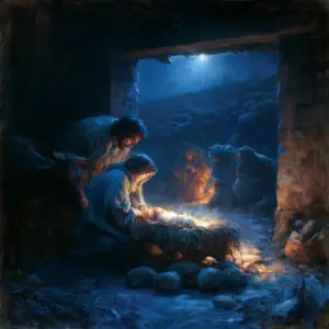 A painted stable at night, the newborn child in a rough manger with the light rising out of him, Mary bending near and Joseph beyond, the ox and ass in shadow, shepherds arriving at the stable mouth and a great star low over the roof.