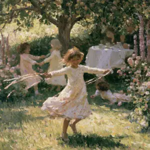 A painted garden in full late spring flower, a long table under a fruit tree with a white cloth catching dappled light, children turning in a circle on the grass beside it with a streamer floating behind, adults watching from the shade.