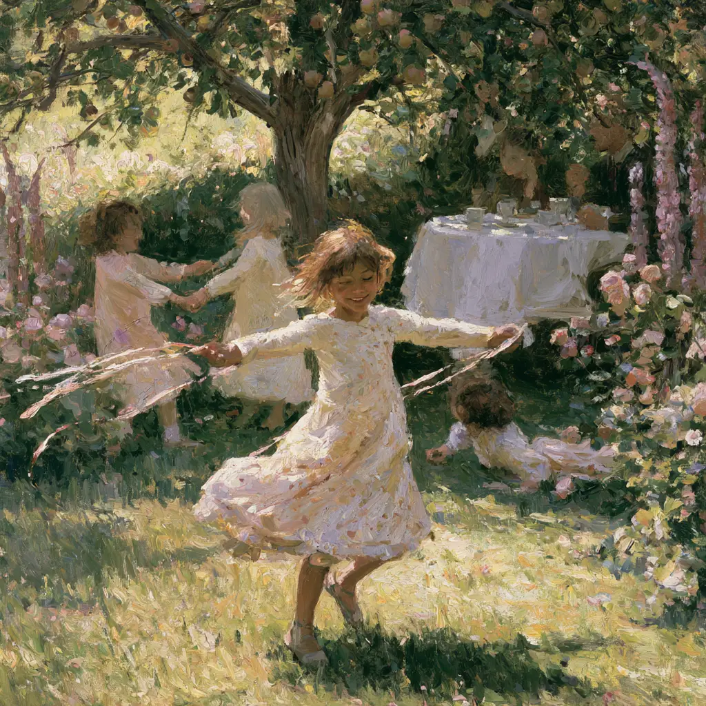 A painted garden in full late spring flower, a long table under a fruit tree with a white cloth catching dappled light, children turning in a circle on the grass beside it with a streamer floating behind, adults watching from the shade.