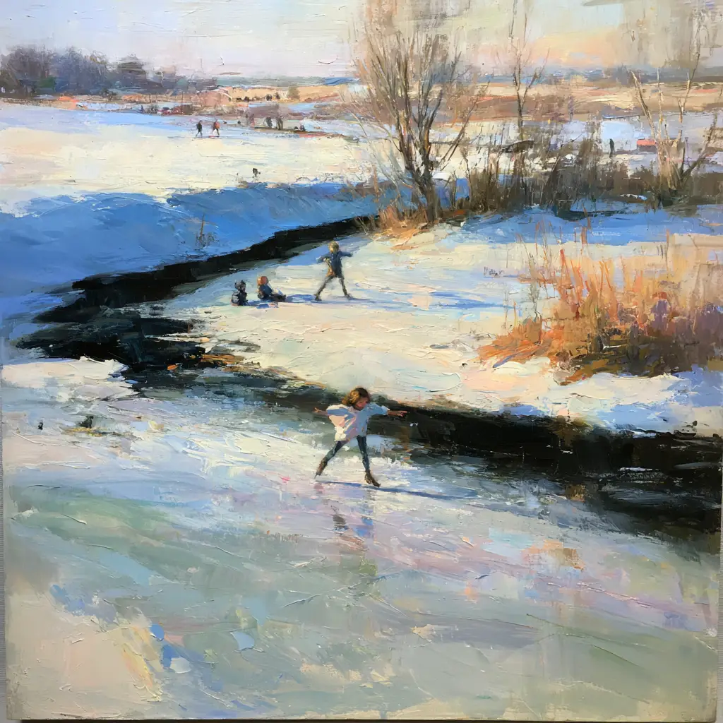 A painted frozen landscape at midday under a high pale sky, a black stream running open through white fields with bare willows in ochre and rust, children gliding on the ice in the middle distance.