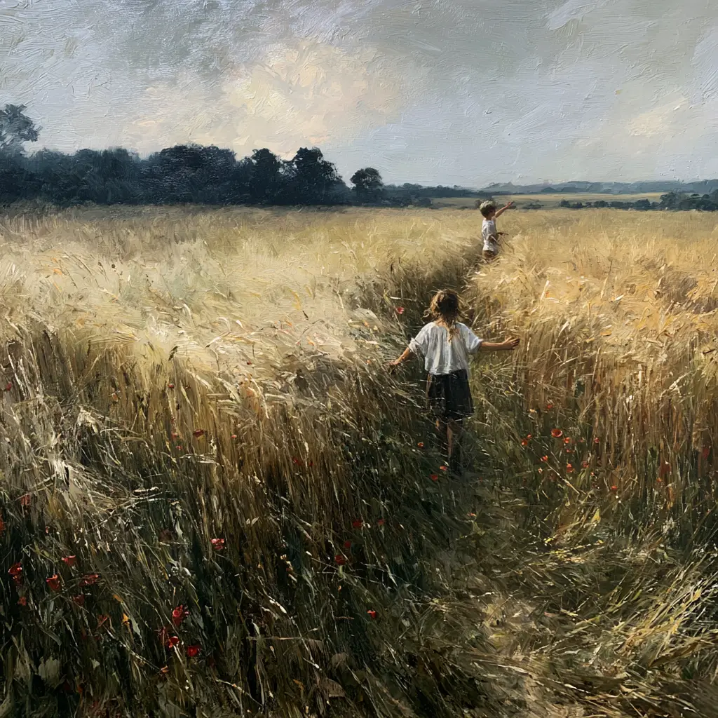 A painted field of ripening wheat under a heavy midsummer sky, the grain moving in one long slow wave with poppies scattered through, children walking a narrow track through the middle of it.
