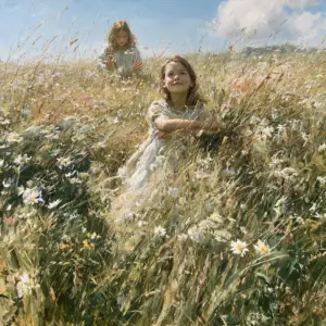 A painted hay meadow at its fullest seen from within, grasses, sorrel, ox eye daisies and clover filling the lower picture, children wading chest deep through it in the middle distance under a warm blue sky.