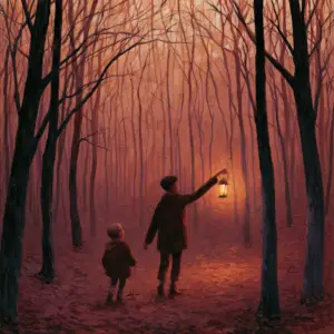 A painted bare autumn wood at dusk, two children on the leaf-strewn path, the taller holding a lit lantern out at arm's length so its warm glow spreads down the avenue of trunks.