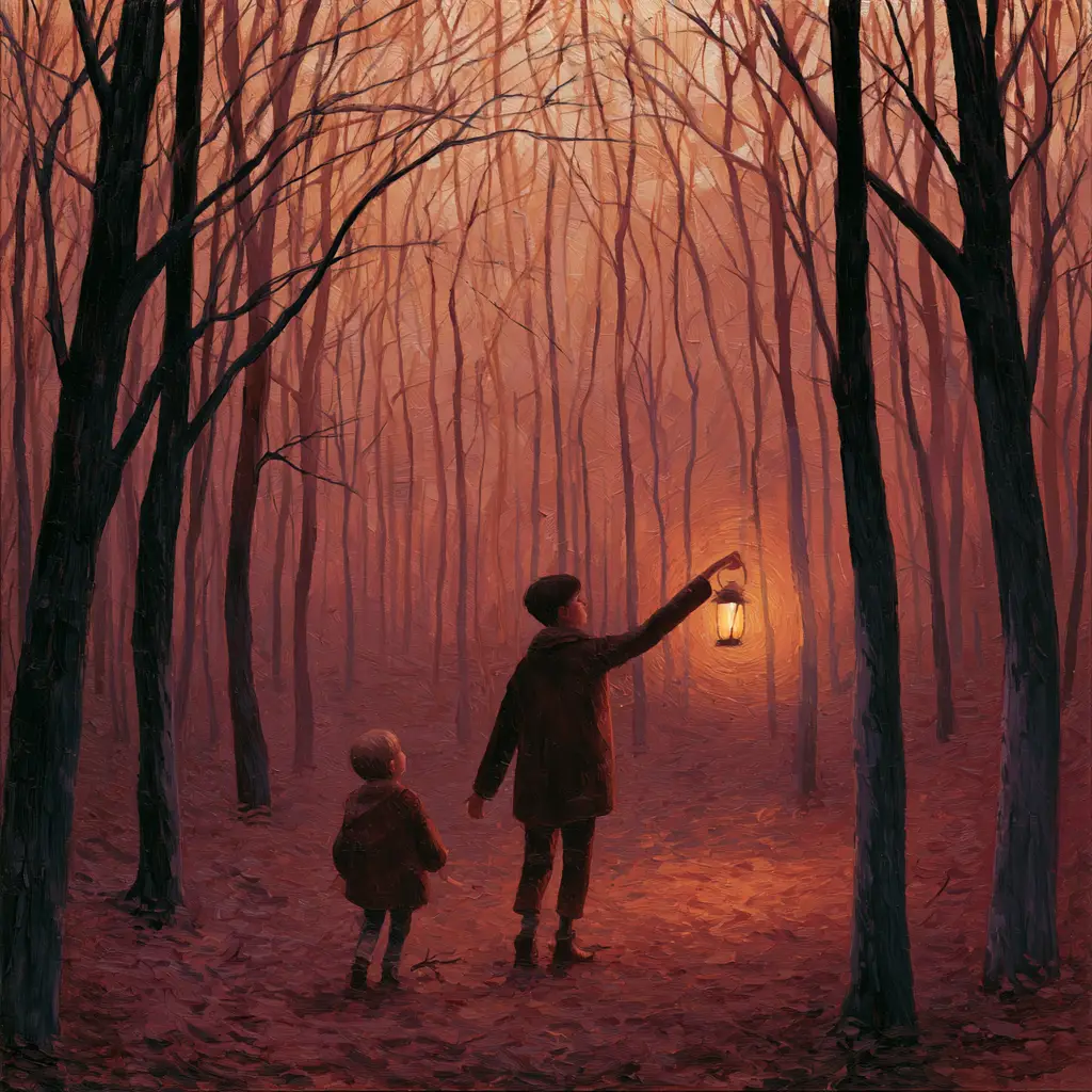 A painted bare autumn wood at dusk, two children on the leaf-strewn path, the taller holding a lit lantern out at arm's length so its warm glow spreads down the avenue of trunks.