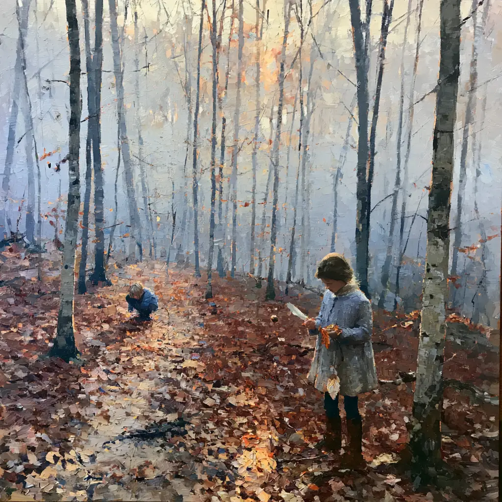 A painted bare November wood in the late afternoon, a girl a little way along the path turning a beech leaf in her fingers with a feather and an acorn already gathered, a smaller child crouched over the leaf floor beyond her, mist softening the furthest trees.