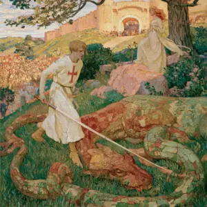 A painted hillside where a young knight in a white surcoat with a red cross stands with his lance lowered over a great green and red dragon lying subdued in the grass, the king's daughter loosening her girdle beside a rock and a crowd watching from the town gate.