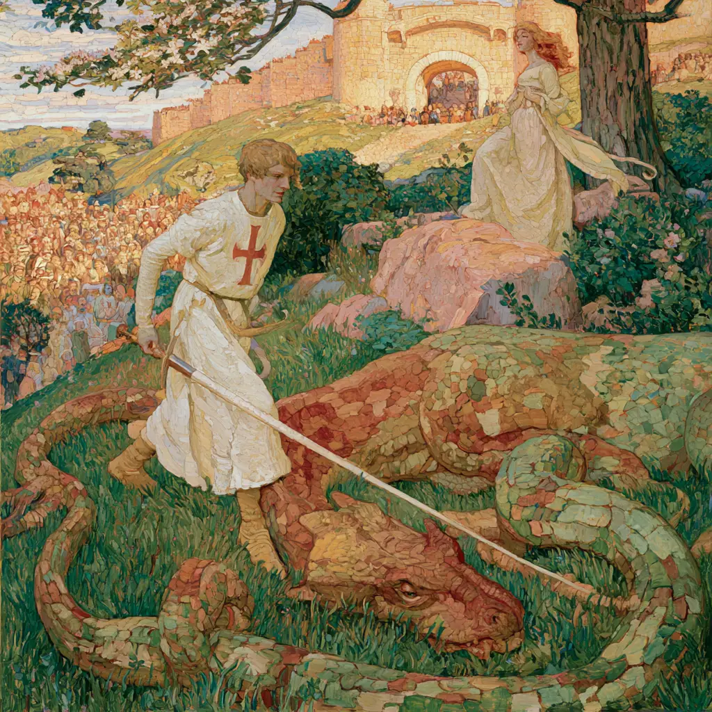 A painted hillside where a young knight in a white surcoat with a red cross stands with his lance lowered over a great green and red dragon lying subdued in the grass, the king's daughter loosening her girdle beside a rock and a crowd watching from the town gate.