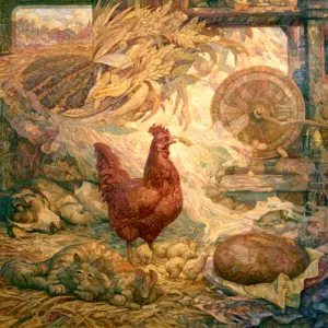 A painted farmyard interior where a russet hen stands with a grain of wheat in her beak, a sheaf and a millstone behind her and a brown loaf cooling on a cloth, while a dog, a cat and a mouse lie idle in the straw and her chicks gather at her feet.
