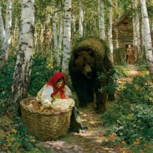 A painted birch forest in late summer, a great woven basket of pirozhki close in the foreground with a girl in a red kerchief folded inside it, and a good natured brown bear shouldering that basket along the path.