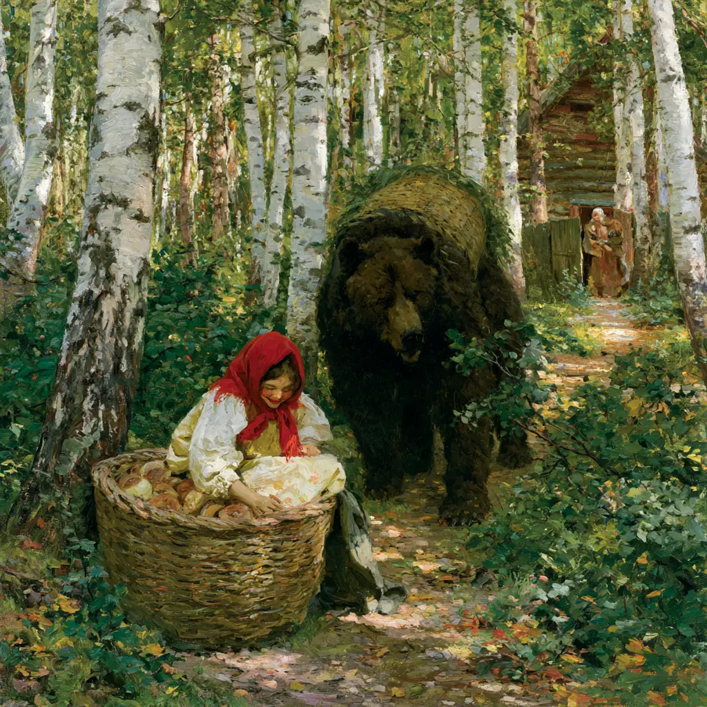 A painted birch forest in late summer, a great woven basket of pirozhki close in the foreground with a girl in a red kerchief folded inside it, and a good natured brown bear shouldering that basket along the path.