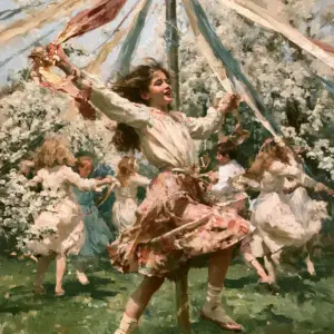 A painted village green in full May light, children circling a maypole with long ribbons of rose, cream, gold and sky blue winding into a spiral above them, hawthorn in heavy white blossom around the edges.