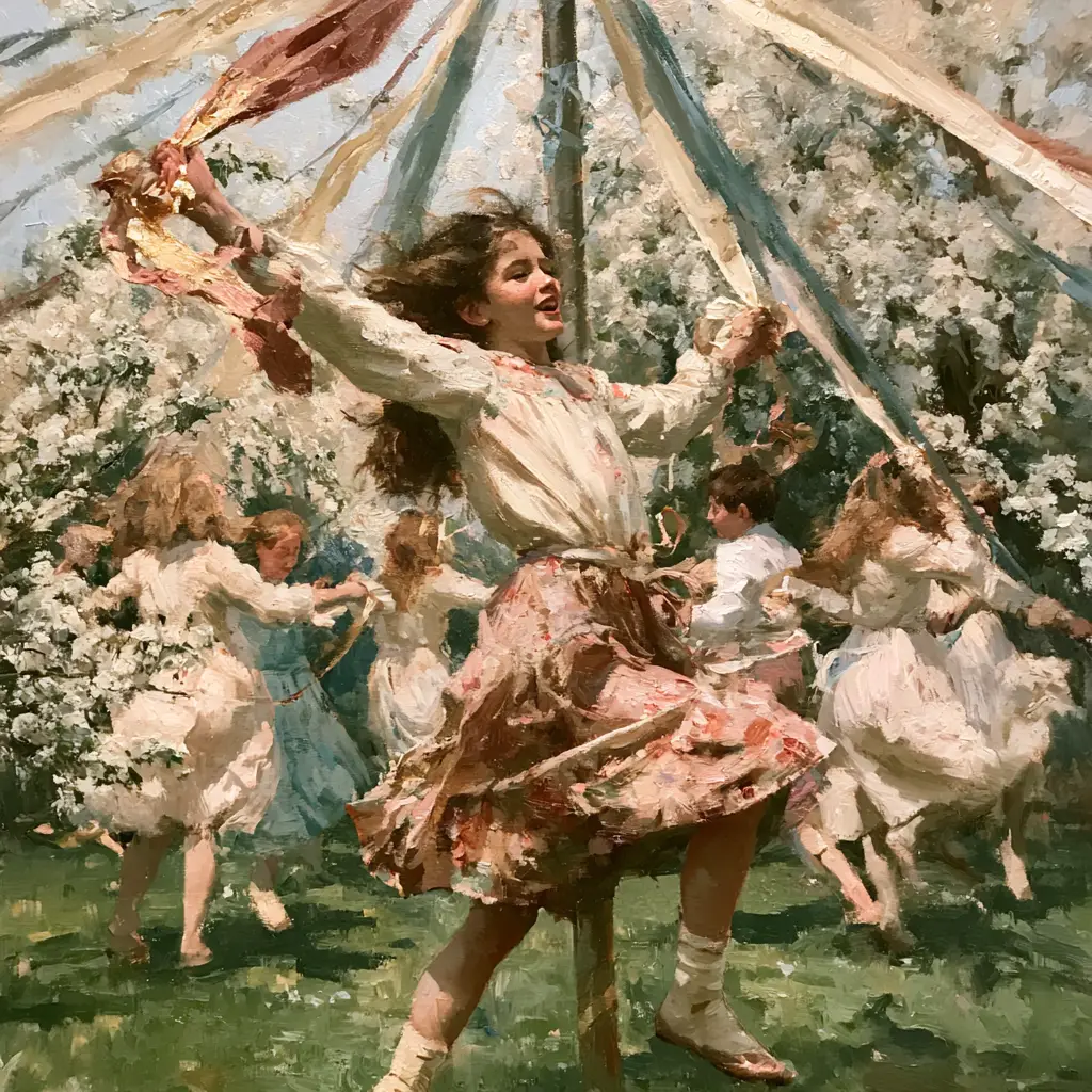 A painted village green in full May light, children circling a maypole with long ribbons of rose, cream, gold and sky blue winding into a spiral above them, hawthorn in heavy white blossom around the edges.
