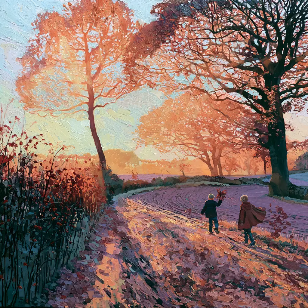 A painted autumn lane at dusk, copper trees overhead and drifts of fallen leaves underfoot, two children walking away up the track with an armful of leaves lifted.