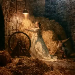 A painted stone tower room by lamplight, heaped straw turned to gold, a young woman risen from her spinning wheel with the spun thread looping around her and a cradle safe beside her, a small figure in a pointed cap stamping in the shadowed corner.