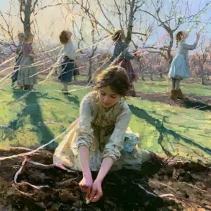 A painted orchard on the morning of the equinox, bare branches just budding in pale green and rose, a child kneeling to press a seed into dark turned earth while others move between the trees trailing ribbons.