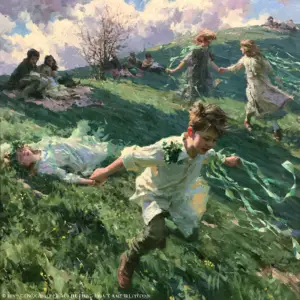 A painted green hillside in March, a boy coming down the slope with shamrock at his shoulder and green ribbons lifting, other children in the new grass with shamrock crowns and streamers, families on rugs and cloud shadows moving across the slope.