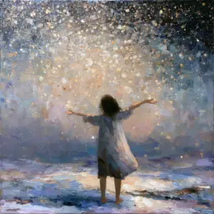 A painted winter field under a vast night sky where a barefoot girl in a thin shift stands with her arms open and her head tipped back as stars fall around her as bright coins, gathering in the shift she holds out.