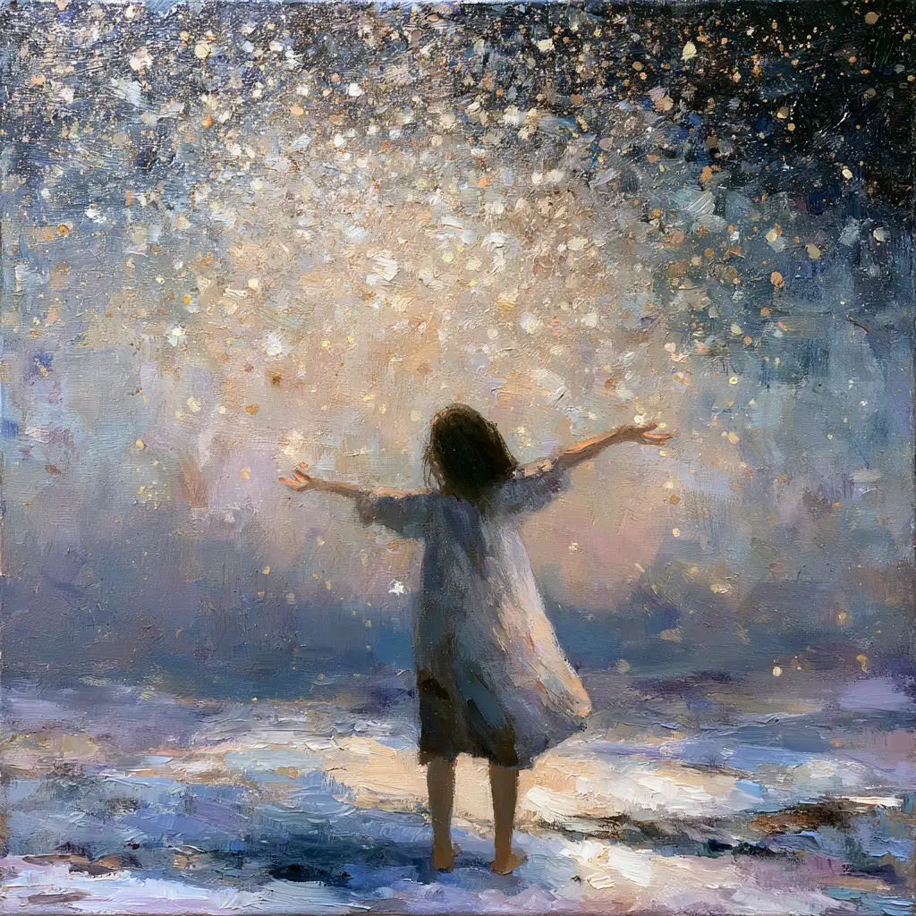 A painted winter field under a vast night sky where a barefoot girl in a thin shift stands with her arms open and her head tipped back as stars fall around her as bright coins, gathering in the shift she holds out.