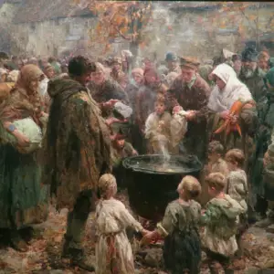A painted village square in autumn where a traveller in a ragged cloak holds up a grey stone beside a great steaming iron pot, villagers pressing in with a cabbage and carrots and a ring of children gathered close around the fire.