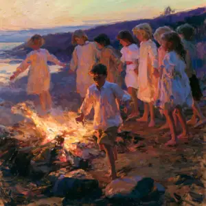 A painted hilltop at the longest evening, a birch fire burning against a sky still light at its edges, children circling it hand in hand with one stepping over the low flames, the land falling away in soft violet folds.