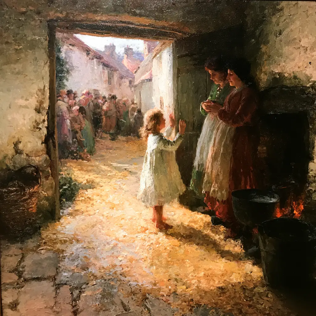 A painted cottage kitchen where a little black pot on the hearth overflows with golden porridge that pours across the floor and out into the village street, a girl stepping back with her hands lifted and her mother beside her.