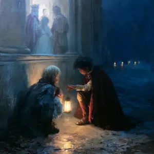 A painted November night on the road outside a palace, a young prince kneeling to hold his lantern out to a ragged figure against the wall while loosening his cloak, the palace windows blazing coldly behind him and small lanterns appearing further along the dark road.