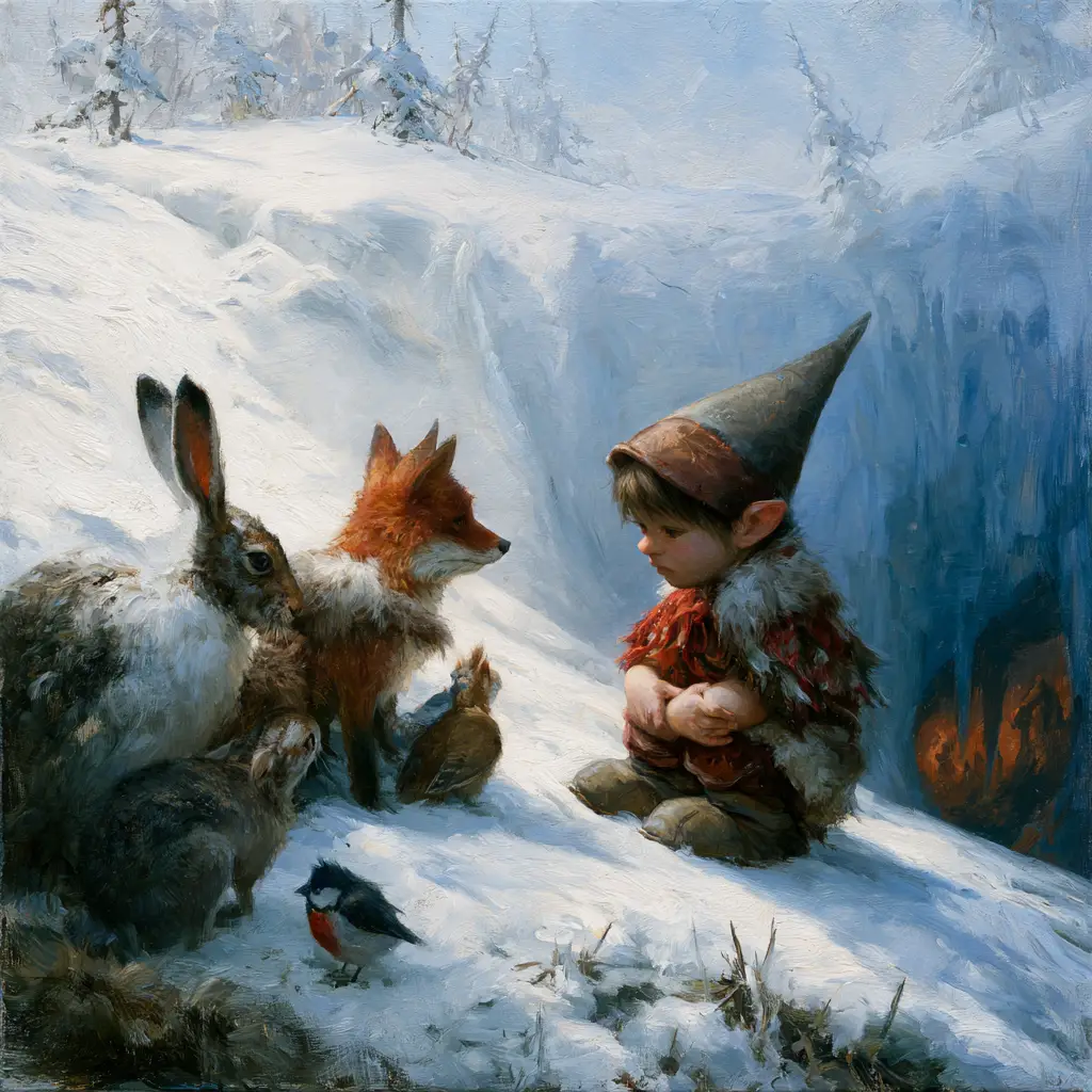 A painted deep snow scene where Turlutin, a small gnome in a pointed cap, sits at the foot of a snowy slope shaking with cold while a hare, a fox, a bird and a squirrel press close and a blanket of many coloured wool gathers around his shoulders.