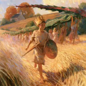 A painted autumn cornfield where a barefoot boy in a golden crown carries a wooden sword and round shield at the head of a procession of children bearing a long green cloth dragon on poles, a small chapel on the hill behind.