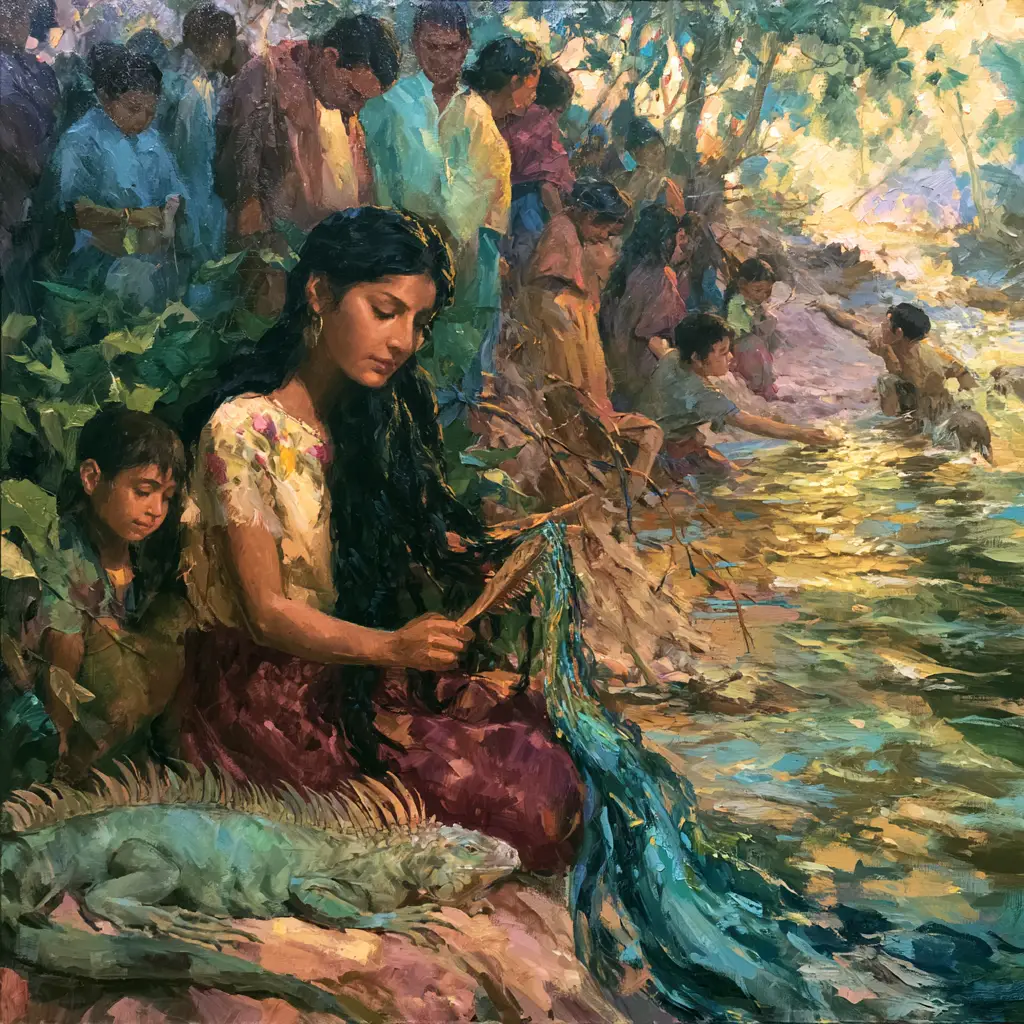 A painted river in high summer where Lucia Zenteno sits combing the water back out of her long black hair with a mesquite comb, her iguana beside her, fish and otters streaming back into the riverbed while villagers watch with lowered heads.